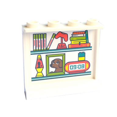white panel 1 x 4 x 3 with side supports - hollow studs with shelves with books game controller 09:08 digital alarm clock lava lamp and picture of dog pattern sticker - set 41755