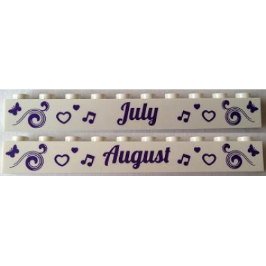 white brick 1 x 10 with dark purple july and august pattern on opposite sides