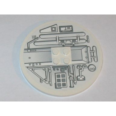 white tile round 8 x 8 with 4 studs in center with machinery pattern model right side sticker - set 10019