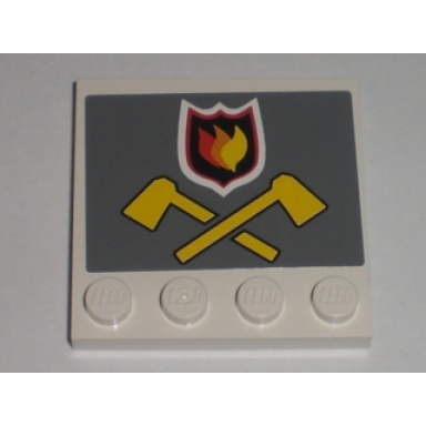 white tile modified 4 x 4 with studs on edge with fire logo badge and crossed yellow axes on dark bluish gray background pattern sticker - set 7208