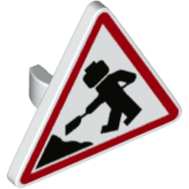 white road sign 2 x 2 triangle with open o clip with minifigure worker and 1 pile pattern