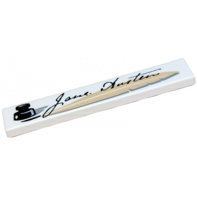 white tile 1 x 6 with black jane austen signature and inkwell with tan feather quill pen pattern