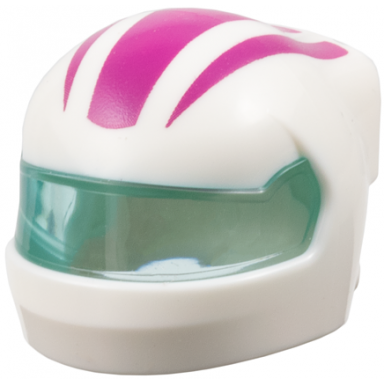 white minifigure headgear helmet formula 1 with molded trans-light blue visor and printed magenta stripes pattern
