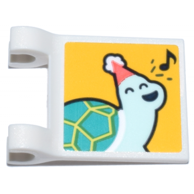 white flag 2 x 2 square with flared edge with light aqua turtle with dark turquoise shell white and coral party hat and music note pattern sticker - set 41806