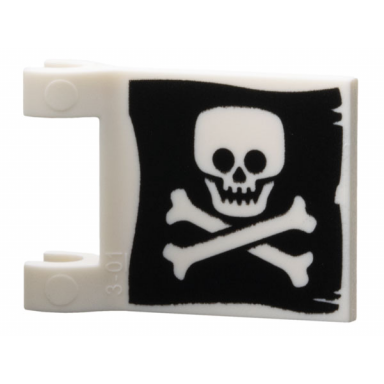 white flag 2 x 2 square with flared edge with flat skull and crossbones on black background pattern on both sides jolly roger