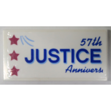 white tile 2 x 4 with blue 57th justice annivers banner with 3 magenta stars pattern sticker - set 70919