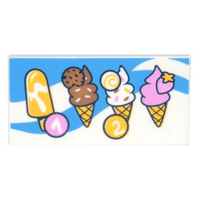 white tile 2 x 4 with menu with popsicle 3 ice cream cones and circles with numbers 1 and 2 on dark azure background with swirls pattern