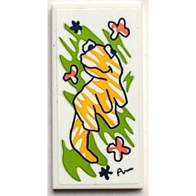white tile 2 x 4 with painting of bright light orange gecko popcorn with coral flowers and autumn signature on lime background pattern sticker - set 41739