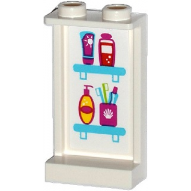 white panel 1 x 2 x 3 with side supports - hollow studs with toiletries on shelves pattern on inside sticker - set 41034