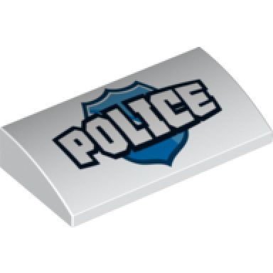 white slope curved 2 x 4 x 2 3 with bottom tubes with police over blue badge pattern
