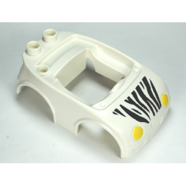 white duplo car body with 2 studs on back and yellow headlights and zebra stripes pattern fits over car base 2 x 4