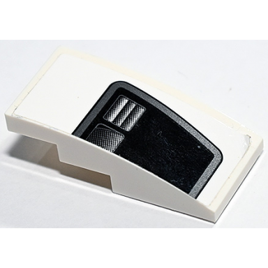white slope curved 4 x 2 with black and silver trapezoid rear window and air vent pattern model right side sticker - set 75888