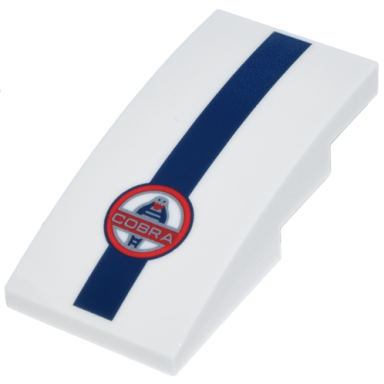 white slope curved 4 x 2 with silver cobra and red white and dark blue shelby cobra logo and stripe pattern