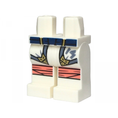 white hips and legs with dark blue belt robe ends with sand blue hems and gold highlights ninjago logogram letter s coral knee wrappings pattern
