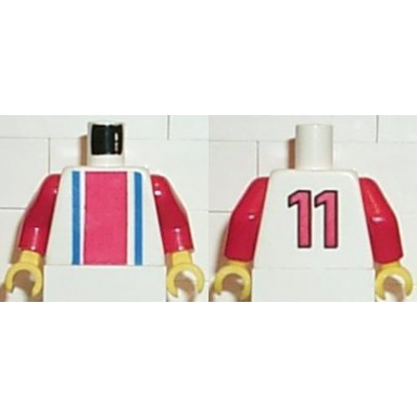 white torso soccer vertical red and blue stripes and number 11 on back pattern red arms yellow hands