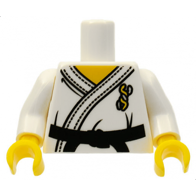 white torso karate uniform with twisted snakes logo black belt with knot yellow neck pattern white arms yellow hands