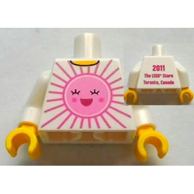 white torso shirt with bright pink and dark pink sun with face with red open mouth smile yellow neck 2011 the lego store toronto canada on back pattern white arms yellow hands