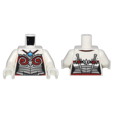 white torso chima female outline with silver and dark red armor and blue round jewel chi pattern white arms white hands