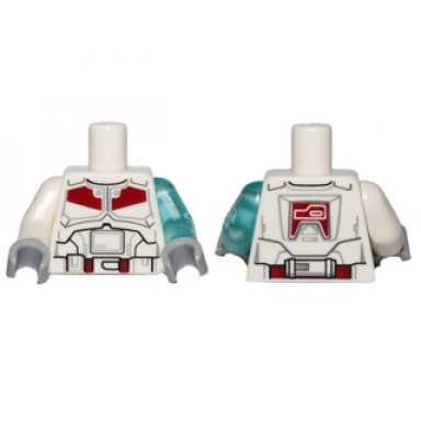 white torso sw armor black belt and dark red markings pattern trans-light blue arm left with lightning bolts white arm right light bluish gray hands