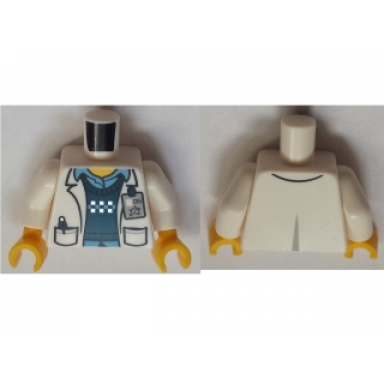 white torso lab coat with pockets over blue vest and shirt id badge with ultra agents logo pattern christina hydron white arms yellow hands