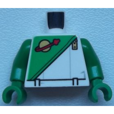 white torso space futuron green pattern gold zipper and classic logo white belt green arms green hands