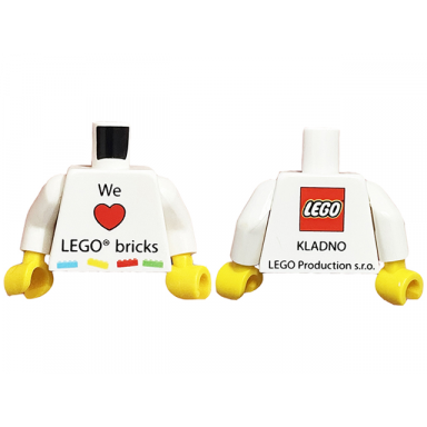 white torso we heart lego bricks front lego logo and kladno lego production s.r.o back pattern white arms yellow hands