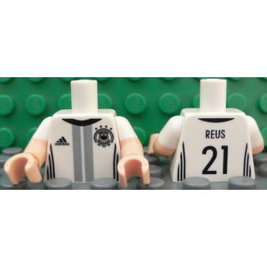 white torso soccer shirt with adidas logo 4 stars and eagle front reus 21 back pattern light nougat arms with molded white short sleeves pattern light nougat hands