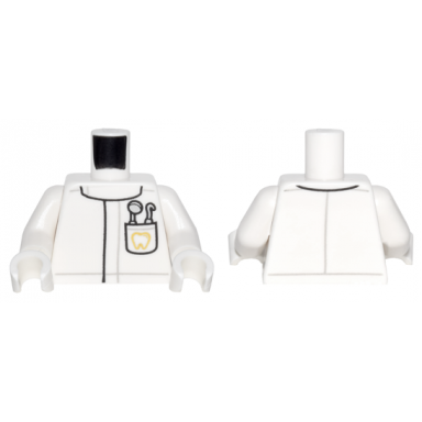 white torso lab coat with pocket with dentist mirror and pick and gold tooth pattern white arms white hands