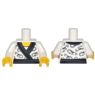 white torso kimono with dark bluish gray shrimp and black sash pattern white arms yellow hands