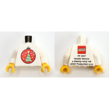 white torso kladno with christmas tree ornament on front pf 2017 and lego logo on back pattern white arms yellow hands
