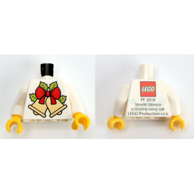 white torso kladno with bells and bow on front pf 2018 and lego logo on back pattern white arms yellow hands