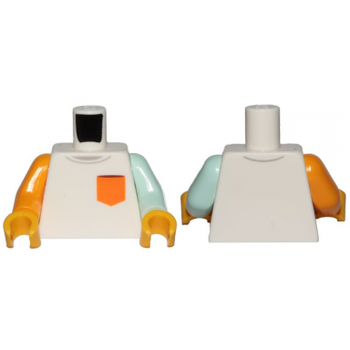 white torso shirt with orange pocket pattern light aqua arm left bright light orange arm right yellow hands