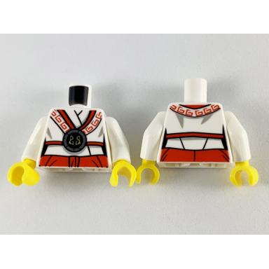 white torso ninjago robe with black and red trim with black emblem and wolf pattern white arms yellow hands