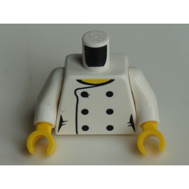 white torso female chef with 6 black buttons and yellow neck lego house home of the brick on back pattern white arms yellow hands