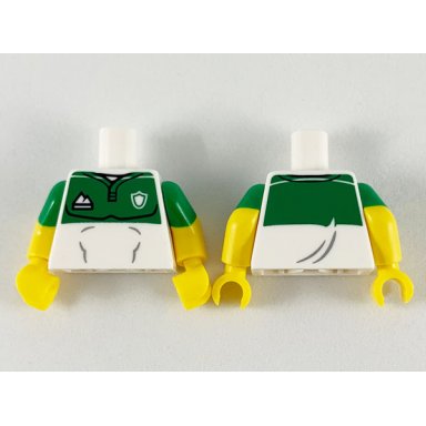 white torso jersey green top with sports logos pattern yellow arms with molded green short sleeves pattern yellow hands