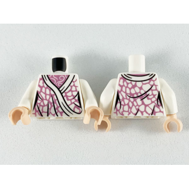 white torso female metallic pink robe with white hems spots and shirt with white filigree pattern white arms light nougat hands
