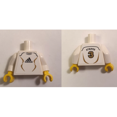 white torso soccer adidas logo black and gold stripes and number 3 pattern stickers white arms yellow hands