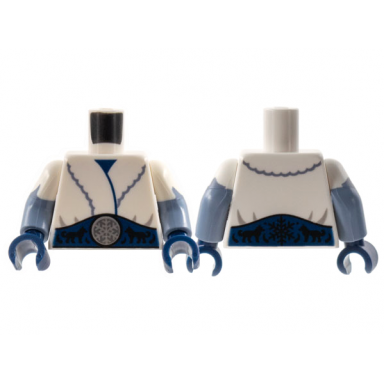 white torso fur coat dark blue sash silver snowflake black dogs pattern sand blue arms with white short sleeves jagged edge pattern dark blue hands