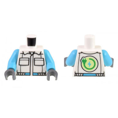 white torso jumpsuit with 2 pockets collar black and medium azure belt bright green electric power plug symbol pattern medium azure arms dark bluish gray hands