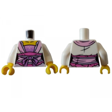 white torso robe with bright pink and dark pink waistband with medium lavender bow pattern white arms yellow hands