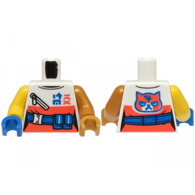 white torso female top with coral panel and cat face blue belt ninjago logogram sora pattern bam pearl gold arm left yellow arm right pearl gold hand left blue hand right
