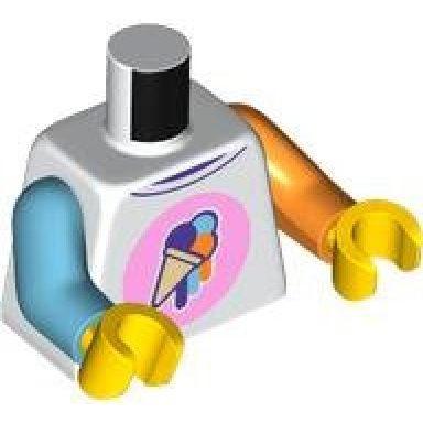 white torso shirt with tan ice cream cone with dark purple medium azure and orange scoops on bright pink circle pattern orange arm left medium azure arm right yellow hands