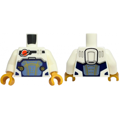 white torso reddish orange and black classic space logo sand blue panel with gold lines dark blue trim pattern white arms pearl gold hands