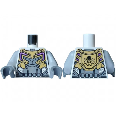white torso armor with dark bluish gray and gold plates dark purple and medium lavender accents and black skull on back pattern light bluish gray arms dark bluish gray hands