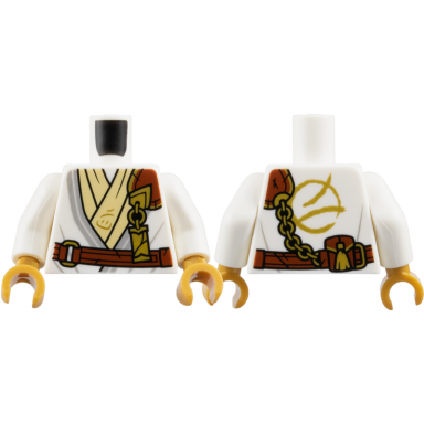 white torso tunic with light bluish gray trim tan layer reddish brown strap gold clasp and charm with ninjago logogram wu pattern white arms pearl gold hands