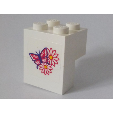 white stickered assembly 2 x 2 x 2 with butterfly and two flowers pattern sticker - set 6410 - 1 brick 1 x 2 1 brick 2 x 2