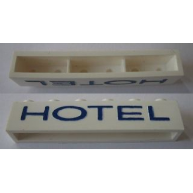 white brick 1 x 6 without bottom tubes with cross side supports with blue hotel thin letters wide pattern