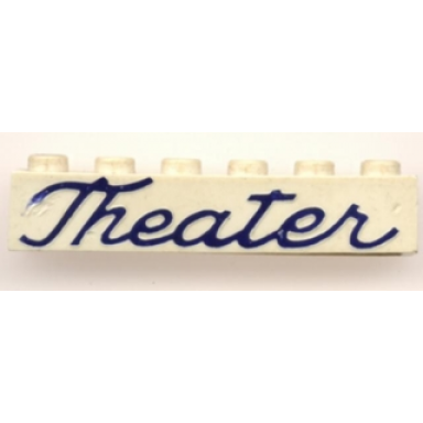 white brick 1 x 6 without bottom tubes with cross side supports with blue theater script pattern