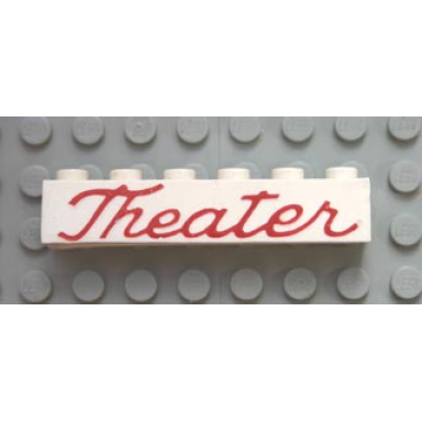 white brick 1 x 6 without bottom tubes with cross side supports with red theater script pattern