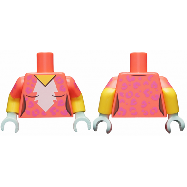 coral torso female white blaze medium lavender rosettes pattern yellow arms with coral short sleeves medium lavender rosettes pattern light aqua hands